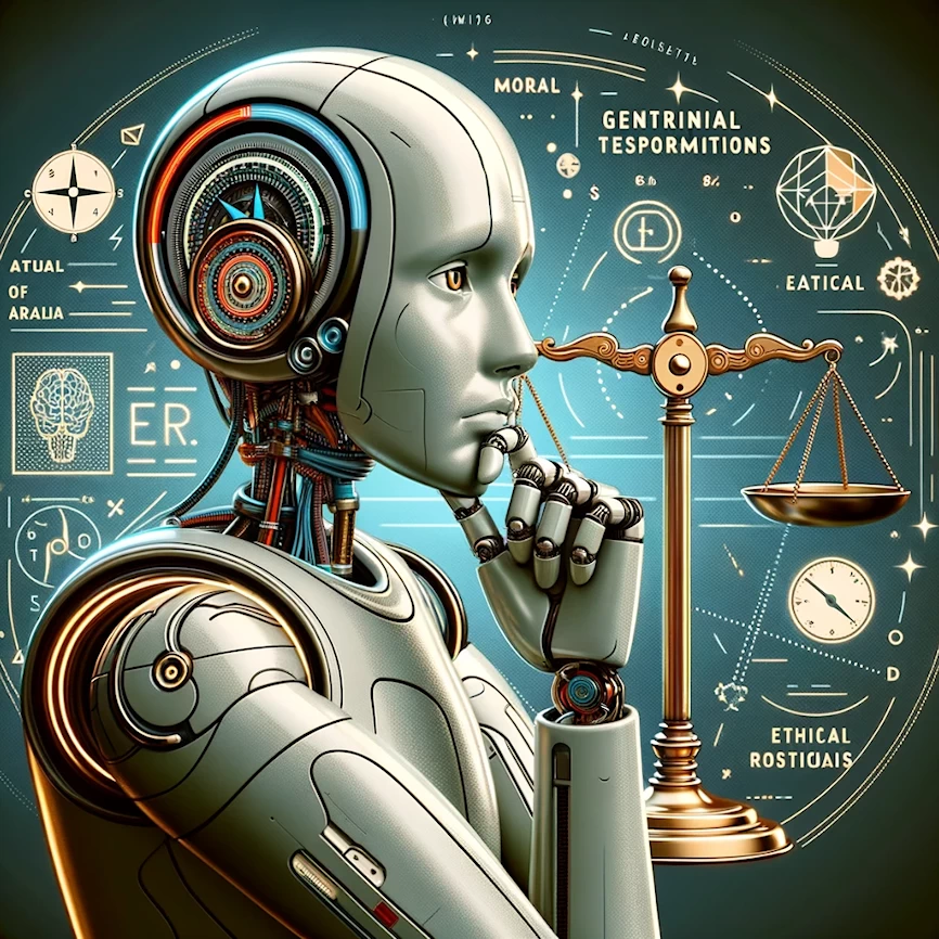 Robot pensif contemplant un compas moral et des balances éthiques, symbolisant les implications éthiques des GPTs